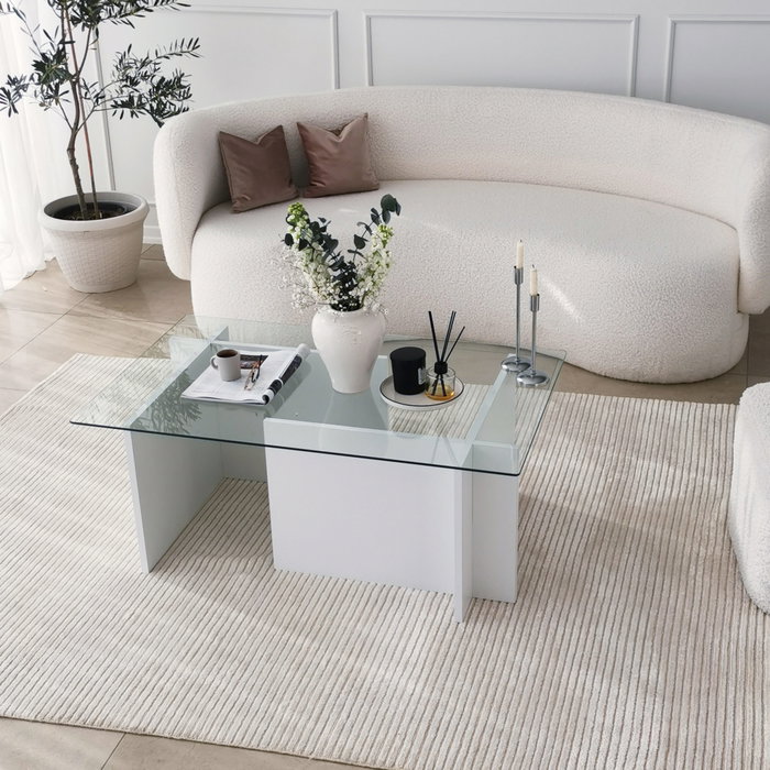 Hanah Home Escape Mesa de Centro Blanca con Cristal Templado Hanah Home Escape Mesa de Centro Blanca con Cristal Templado